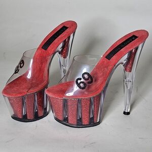Karo's Shoes 6.5 inch clear/red glitter  platform mules. Size 6